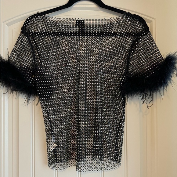 Fishnet Top with Rhinestone and Marabou Feather Detail - Picture 2 of 3